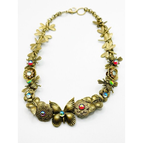 Butterfly, Bees, Dragonflies Floral Goldtone Jeweled Choker Necklace 15.5” - Picture 3 of 8